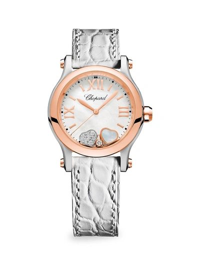 Chopard Women's Happy Sport Diamond, 18k Rose Gold, Stainless Steel & White Alligator Strap Watch