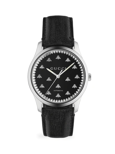 Gucci Men's G-timeless Automatic Stainless Steel & Genuine Black Onyx Leather Strap Watch