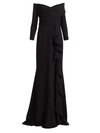 Teri Jon By Rickie Freeman Three-quarter Crepe Ruffle Column Gown In Black