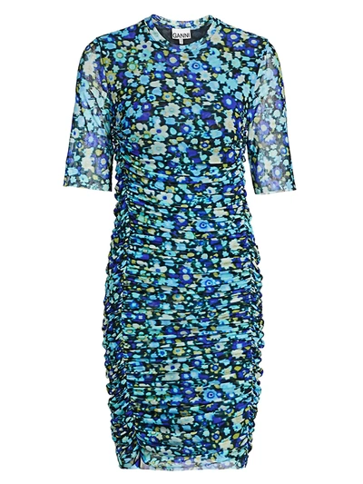 Ganni Floral Ruched Bodycon Dress In Azure Blue
