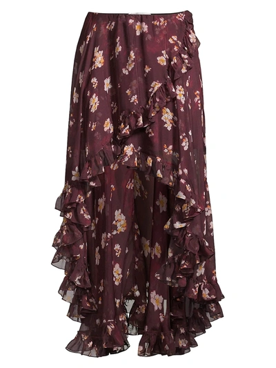Caroline Constas Women's Adelle Floral Silk Ruffle Skirt In Bordeaux