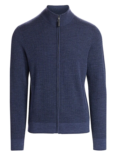Saks Fifth Avenue Collection Knit Wool-blend Zipper Sweater In Blue