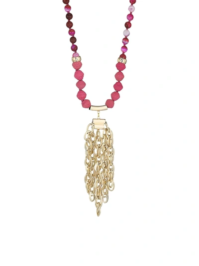 Akola Pink Agate & Raffia Chain Pendant Necklace
