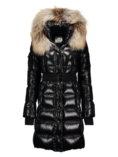 Sam Infinity Fox Fur-trim Belted Down Puffer Coat In Jet