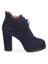 Alaïa Women's Lace-up Laser Cut Suede Ankle Boots In Bleu Noir