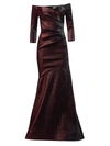 Theia Off-the-shoulder Ruched Metallic Gown In Garnet