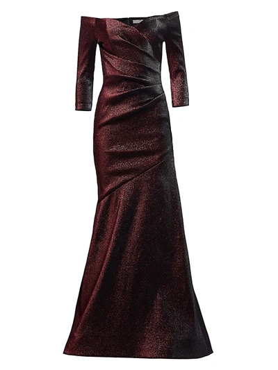 Theia Off-the-shoulder Ruched Metallic Gown In Garnet