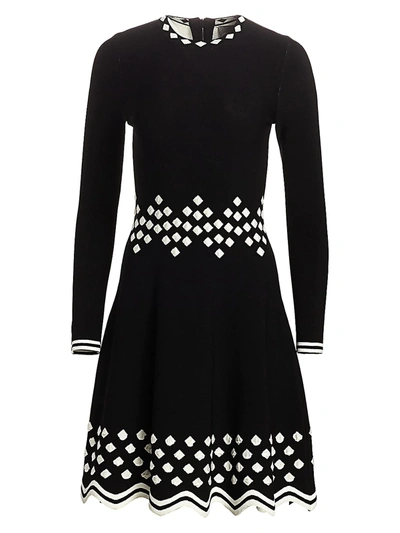 Lela Rose Women's Diamond Jacquard Knit Long-sleeve Dress In Black White
