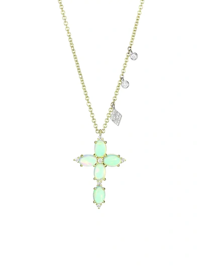 Meira T 14k Yellow Gold, Diamond & Opal Cross Pendant Necklace