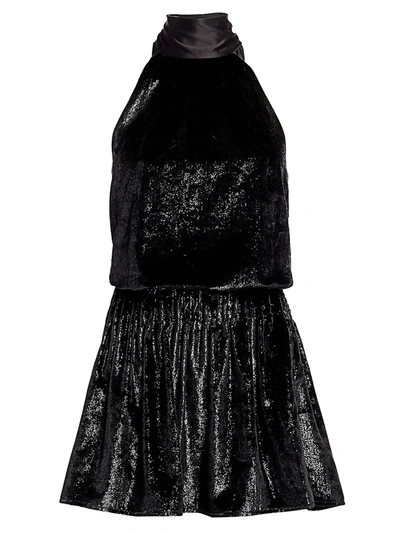 Ramy Brook Lori Shimmer Velvet Halter Mini Dress In Black