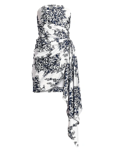 Oscar De La Renta Women's Strapless Floral Sash Mini Dress In White Indigo