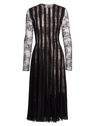 Oscar De La Renta Long-sleeve Lace Pintuck Dress In Black