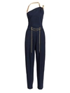 Oscar De La Renta Women's Chain Shoulder Strap Stretch-wool Jumpsuit In Navy