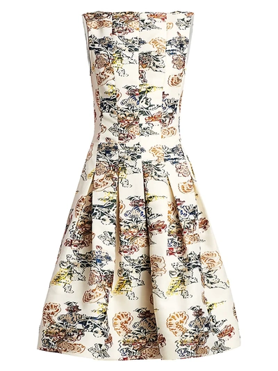 Oscar De La Renta Women's Floral-print Seam Box Pleat A-line Dress In Ivory