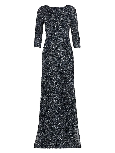Theia Women's Crunchy Sequin Boatneck Gown In Slate