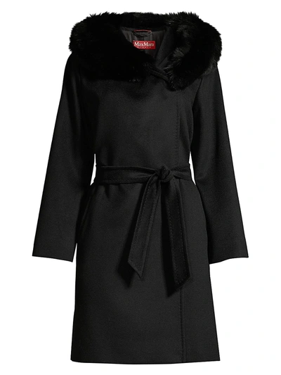 Weekend Max Mara Fox Fur Trimmed Hooded Coat In Black