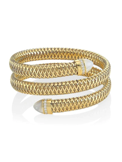 Roberto Coin Women's Primavera 18k Yellow Gold, Mother-of-pearl & Diamond Coiled Cuff Bracelet