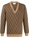 Gucci Men's G Rhombus Jacquard V-neck Sweater In Brown