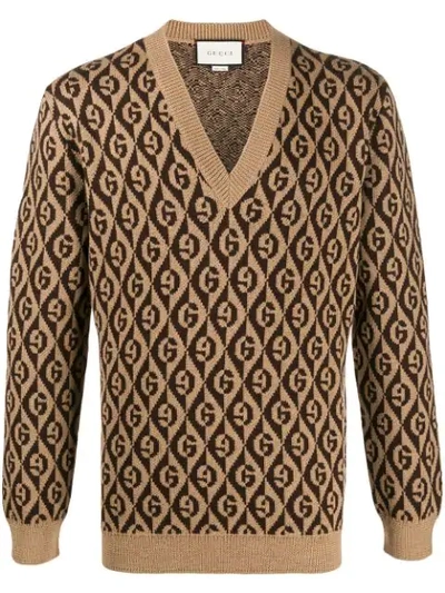 Gucci Men's G Rhombus Jacquard V-neck Sweater In Brown