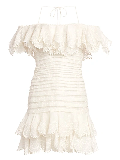 Zimmermann Super 8 Plissé Lace Eyelet Cold-shoulder Silk & Linen Mini Dress In Ivory