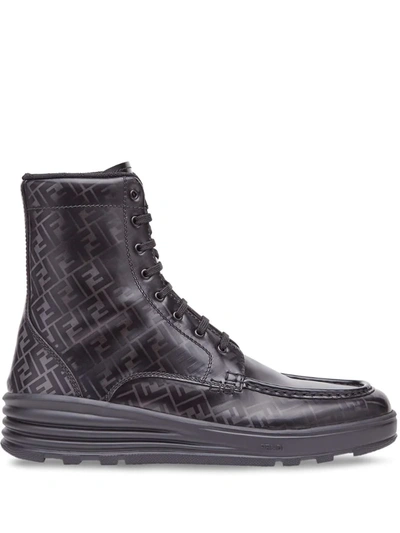 Fendi Men's Ff Logo Leather Combat Boots In Black