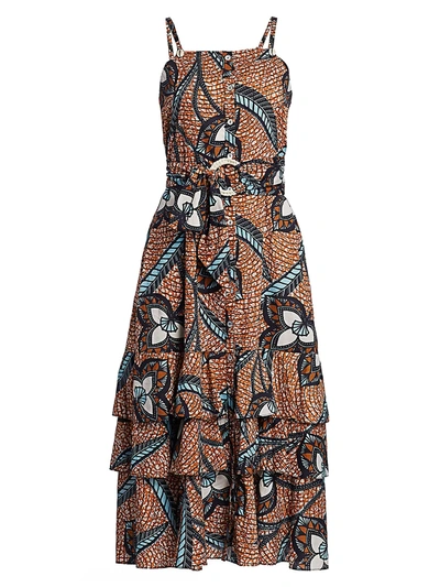 Figue Marina Belted Print Midi Flare Dress In Moon Ivy Ice