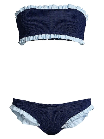 Hunza G Tracy Bandeau Frill 2-piece Bikini Set In Navy Light Blue Trim