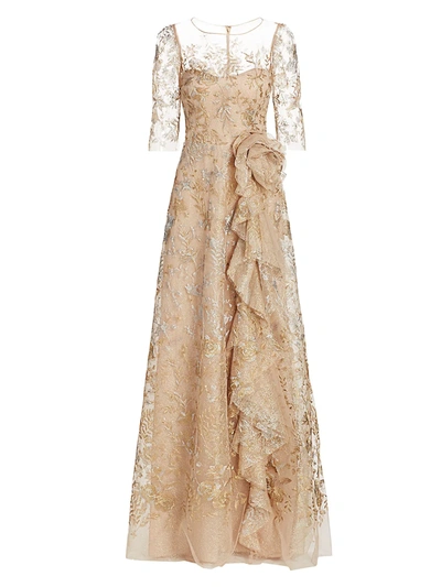 Teri Jon By Rickie Freeman Metallic Floral Illusion Tulle Side Ruffle A-line Gown In Gold