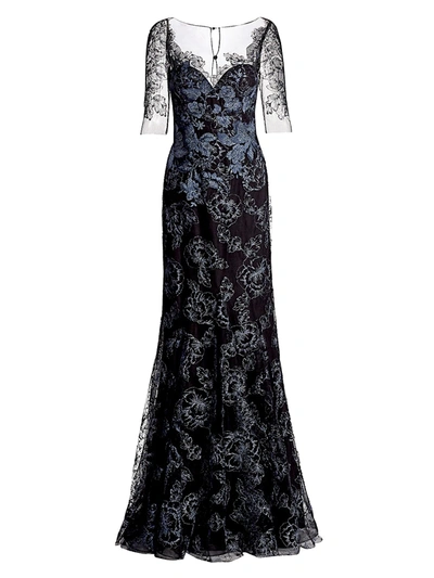 Teri Jon By Rickie Freeman Women's Lace Appliqué Tulle Gown In Black Blue