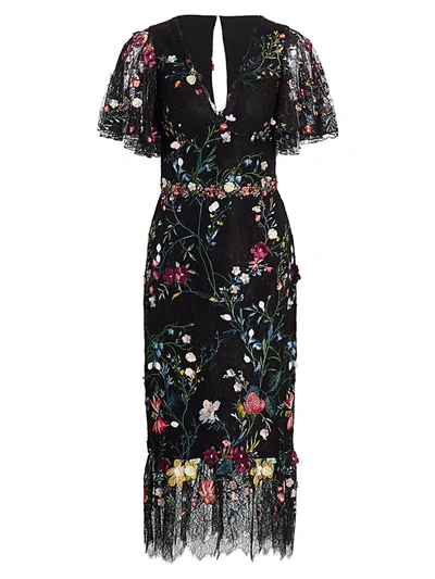 Marchesa Notte Floral Embroidery Lace Midi Dress In Black