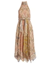 Zimmermann Freja Asymmetric Bow-detailed Printed Linen Midi Dress In Spliced