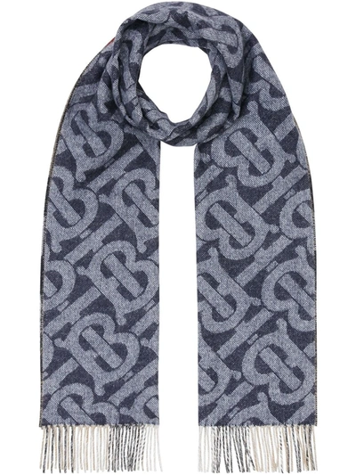 Burberry Reversible Check And Monogram Cashmere Scarf In Blue