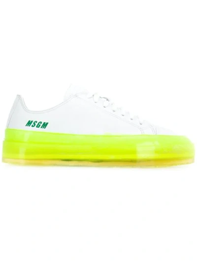 Msgm Men's Neon Sole Leather Low-top Sneakers In White / Neon Yellow