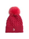 Moncler Women's Cable-knit Wool Fox Fur Pom-pom Hat In Geranium