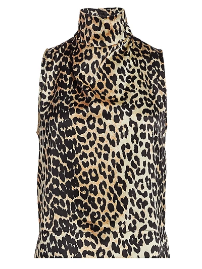 Ganni Stretch Silk Cowl-neck Leopard Top