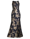 Aidan Mattox Floral Jacquard Side Slit Mermaid Gown In Navy Multi