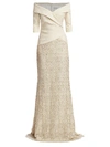 Teri Jon By Rickie Freeman Off-the-shoulder Glitter Metallic & Lace Skirt Combo Gown In Gold