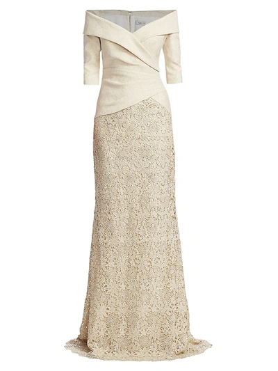 Teri Jon By Rickie Freeman Off-the-shoulder Glitter Metallic & Lace Skirt Combo Gown In Gold
