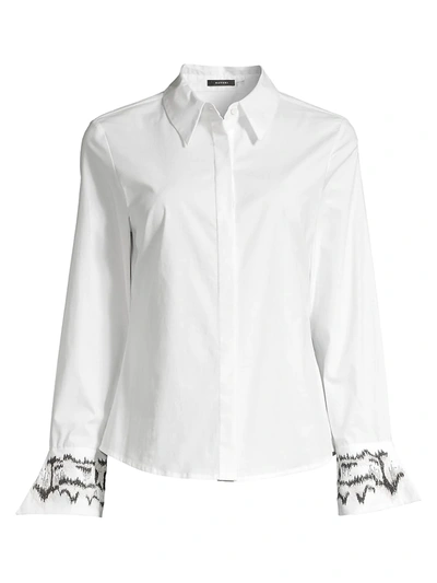 Josie Natori Embroidered Cuff Poplin Button Down Tunic In White