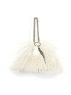 Jimmy Choo Callie Tassel Feather-trimmed Leather Clutch In Latte