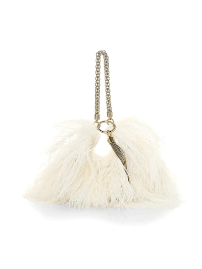 Jimmy Choo Callie Tassel Feather-trimmed Leather Clutch In Latte