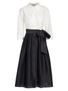 Teri Jon By Rickie Freeman Two-tone Lace-eyelet Belted A-line Shirtdress In White/black