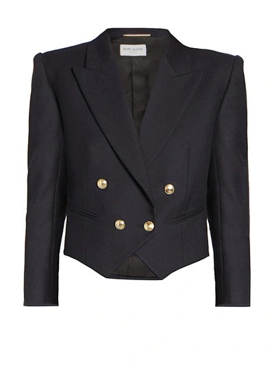 Saint Laurent Women's Cropped Double Breasted Blazer In Marine
