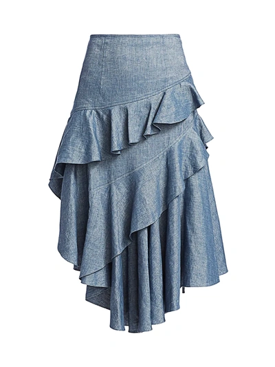 Amur Winslow High-waist Ruffle Tiered Midi Skirt In Chambray