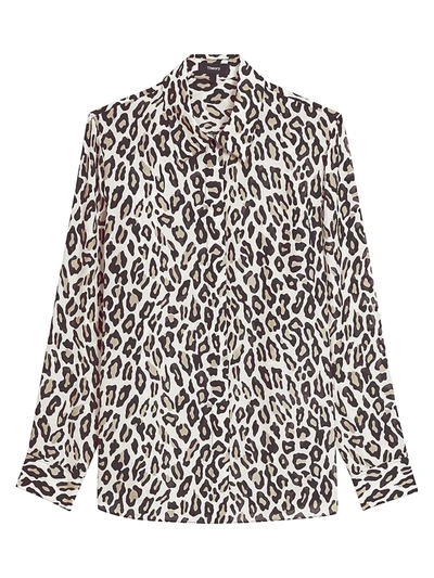 Theory Classic Straight Leopard Print Silk Shirt In Ivory Multi