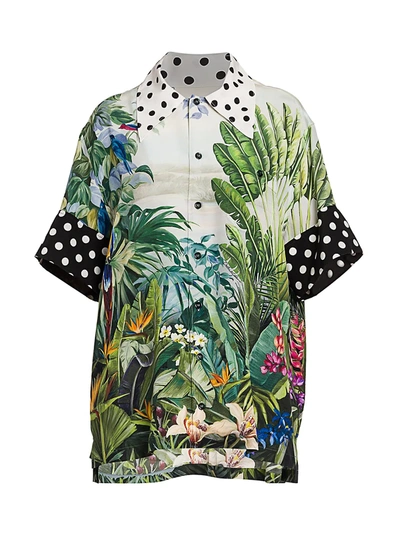 Dolce & Gabbana Women's Polka Dot Trim Tropical Leaf-print Blouse In Neutral