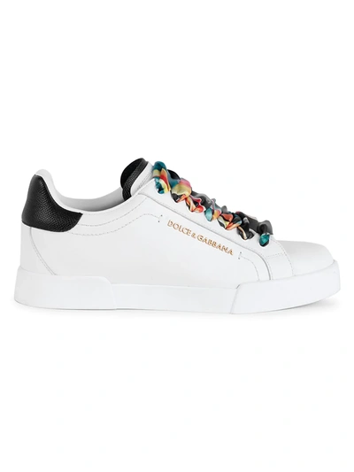 Dolce & Gabbana Women's Portofino Floral Scarf Leather Sneakers In Bianco Nero