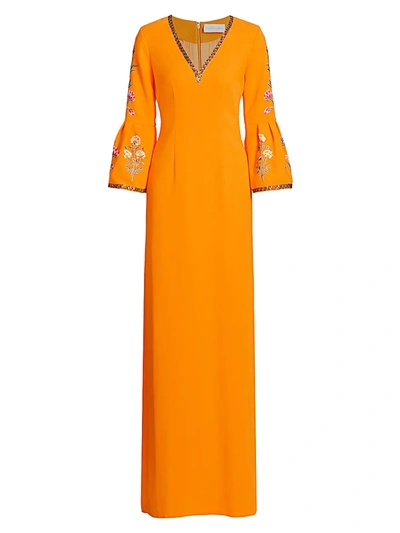 Ahluwalia Embroidered Bell-sleeve Sheath Gown In Mango