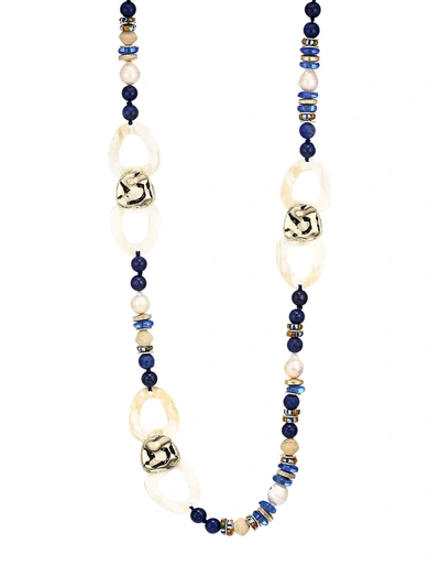 Akola Mixed Gemstone Beads & Horn Link Long Necklace In Blue Multi