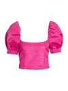 Alice And Olivia Joslyn Puff-sleeve Cropped Top In Wild Pink